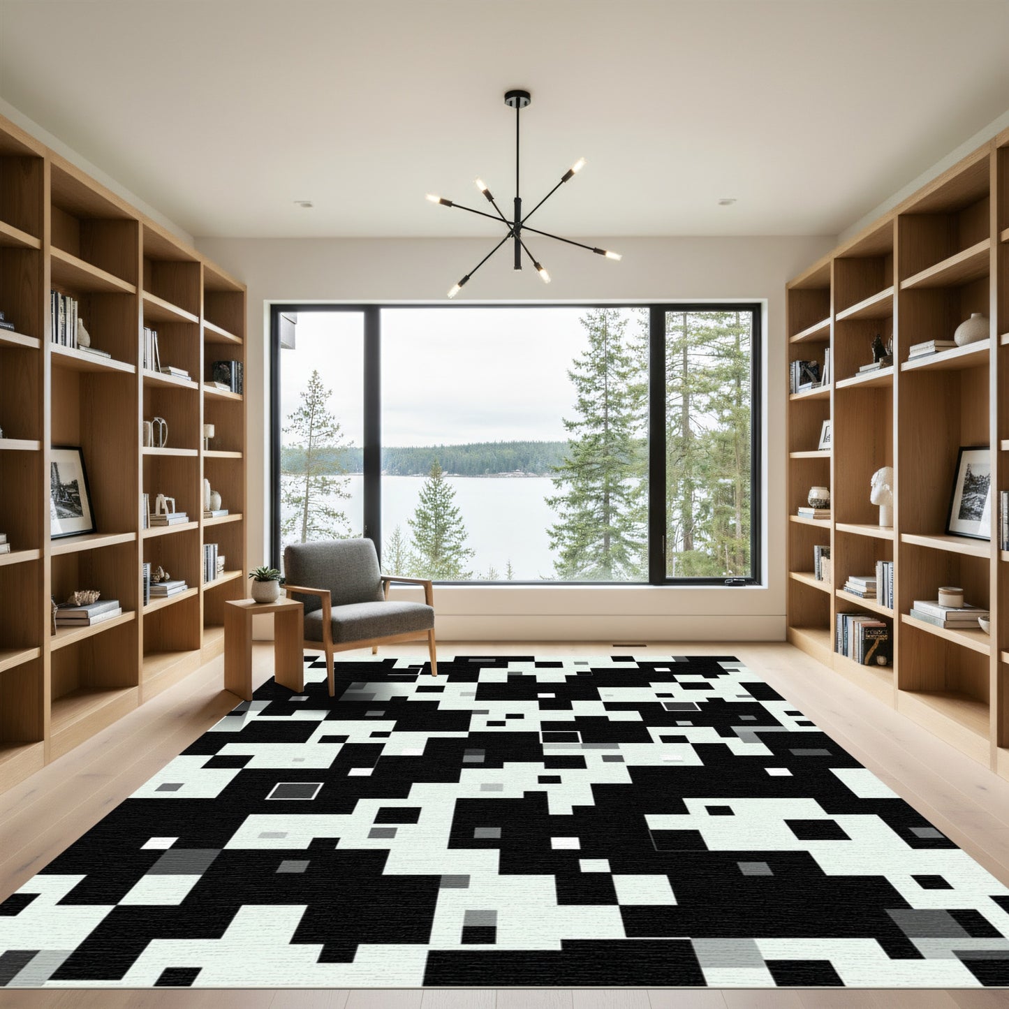 Monochromatic Pixelated Geometric Arrangement Rug