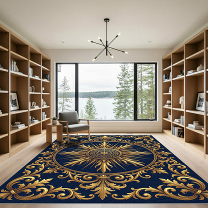 Ornate Golden Sunburst Navy Medallion Rug