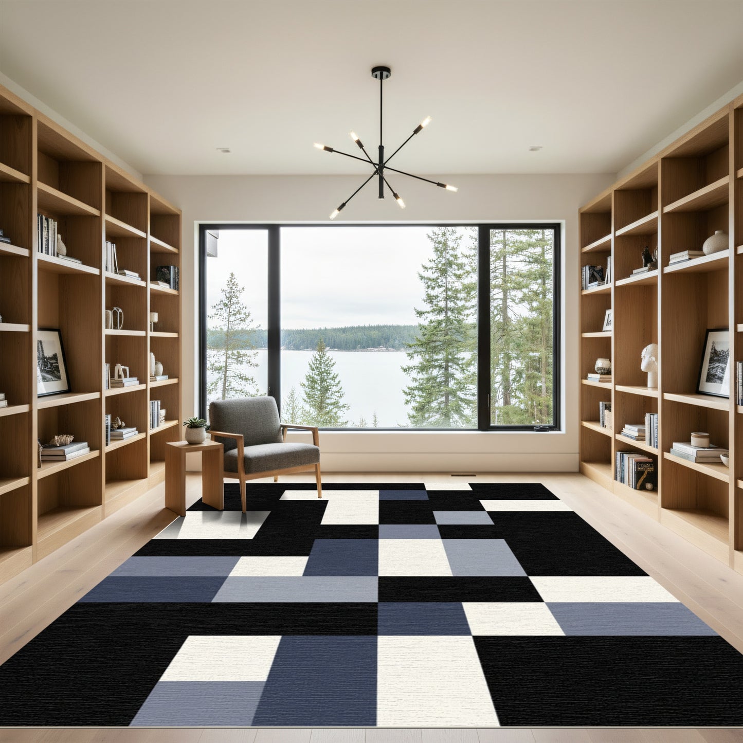 Modern Blue And Cream Geometric Blocks Rug