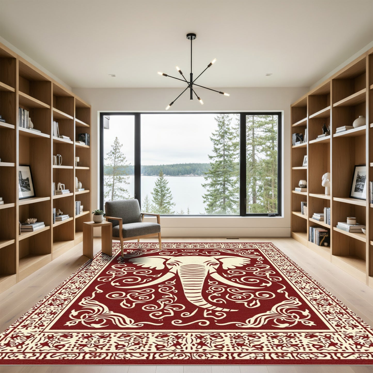 Crimson Ivory Elephant Floral Medallion Rug