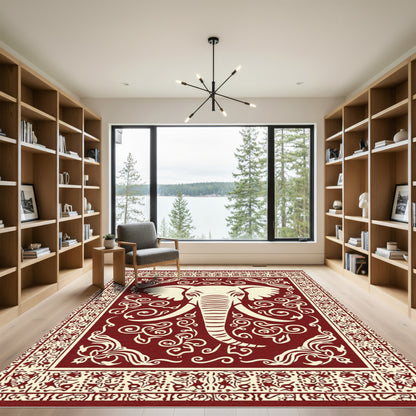 Crimson Ivory Elephant Floral Medallion Rug