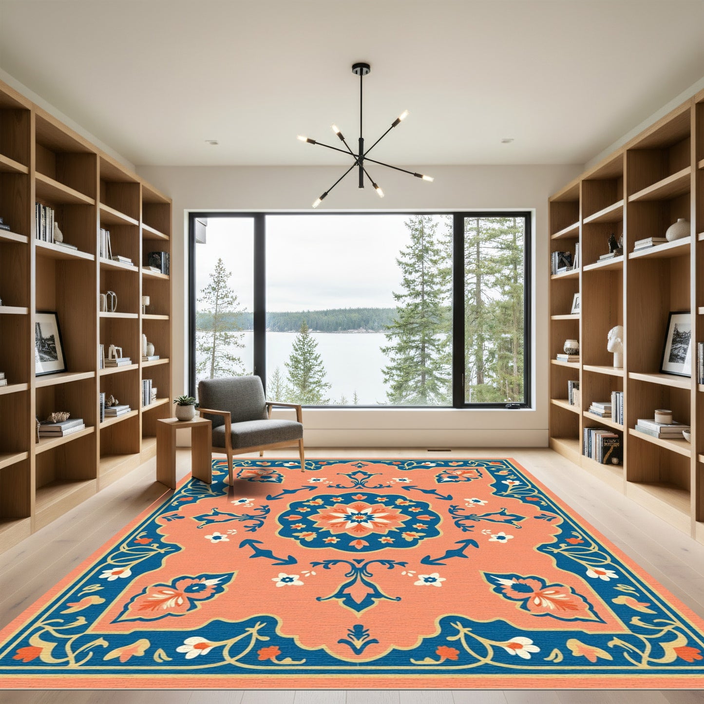 Coral and Navy Floral Garden Medallion Rug