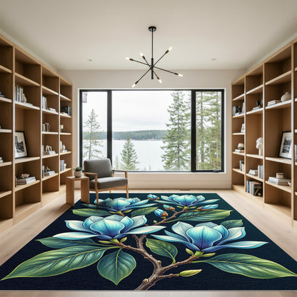 Vibrant Blue Magnolia Branch Blossom Rug