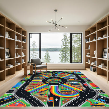 Constructive Rainbow City Construction Zone Roadway Rug
