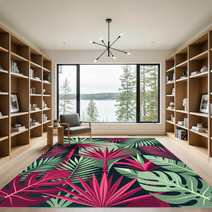 Vibrant Pink and Green Tropical Foliage Rug