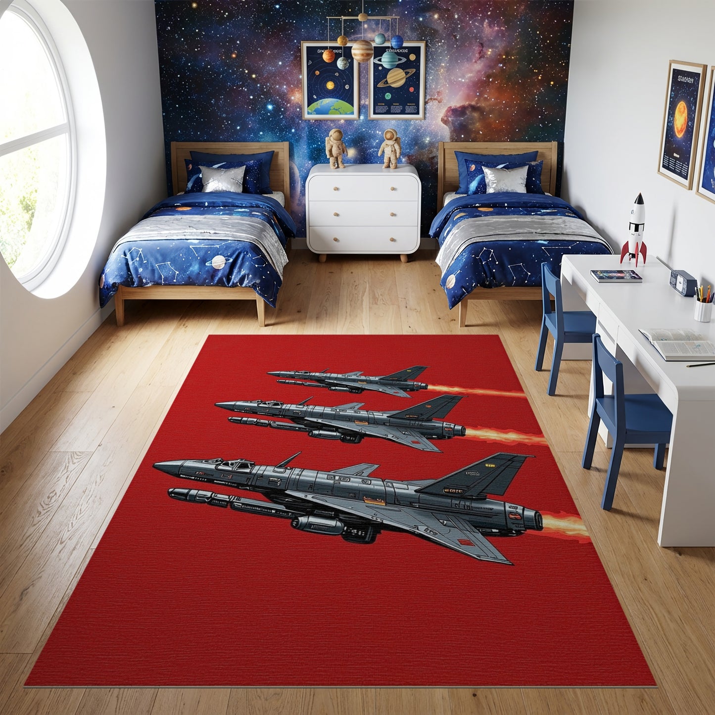 Gray Fighter Jets Flames Formation Rug