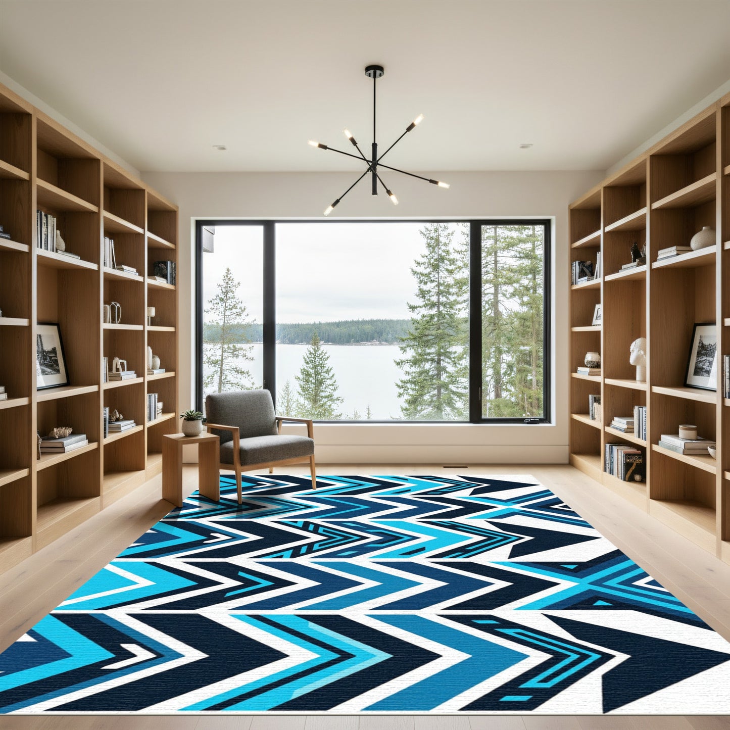 Dynamic Blue Chevron Geometric Arrow Composition Rug