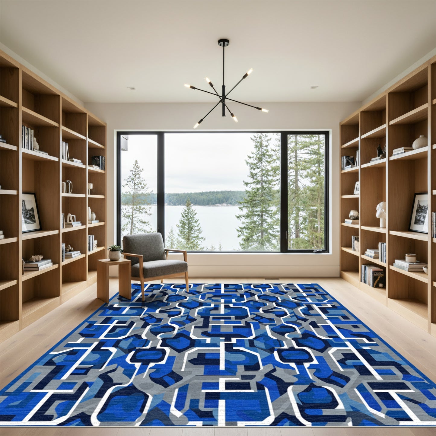 Abstract Blue Gray Geometric Interlocking Rug
