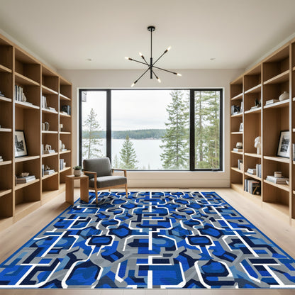 Abstract Blue Gray Geometric Interlocking Rug