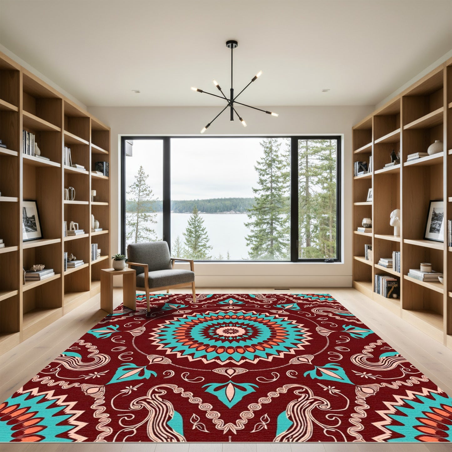 Crimson Turquoise Coral Medallion Mandala Rug