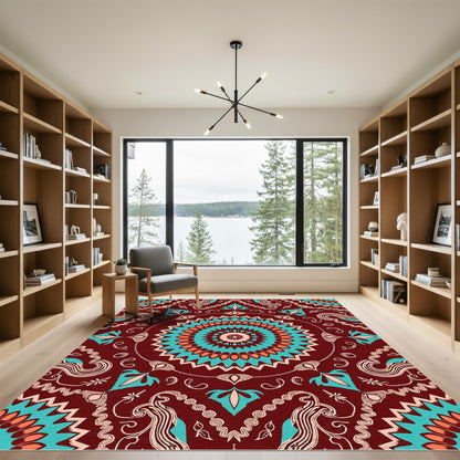 Crimson Turquoise Coral Medallion Mandala Rug
