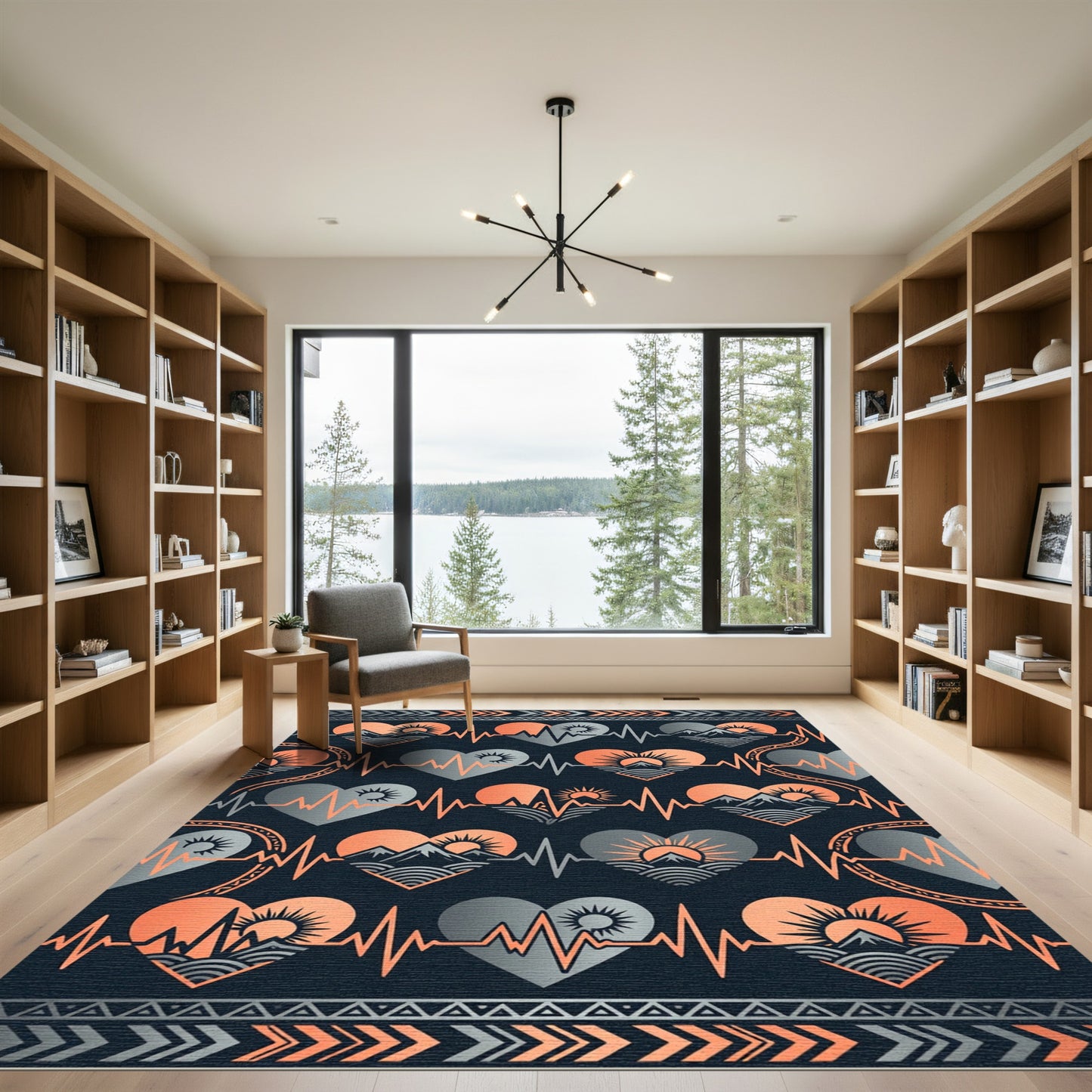 Orange and Gray Mountain Heart Tapestry Rug