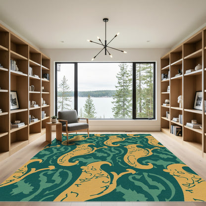 Golden Ghostly Figurines Teal Background Rug