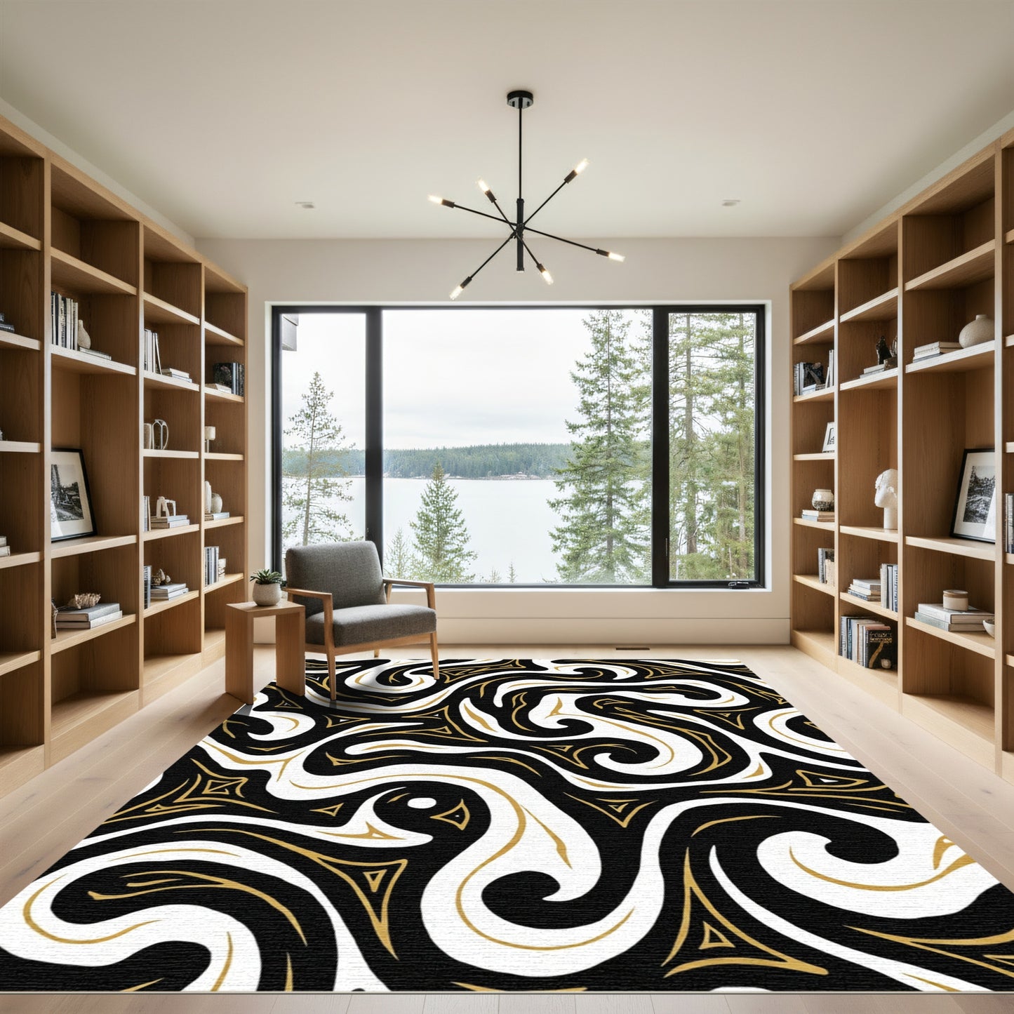 Black Gold Swirling Geometric Abstract Rug