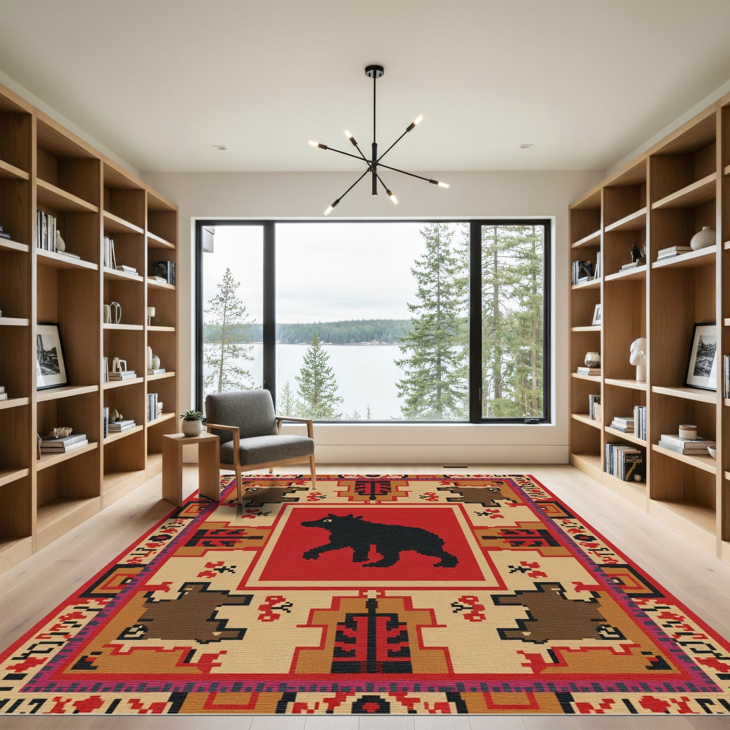 Bold Black Bear Red Geometric Rug