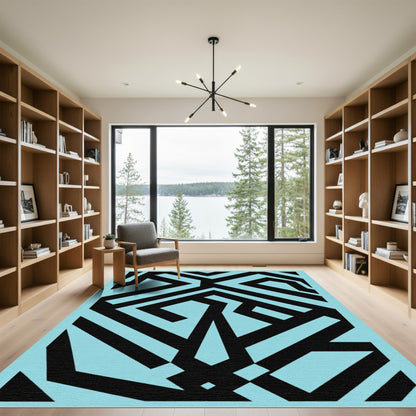 Black Geometric Lines Light Blue Rug