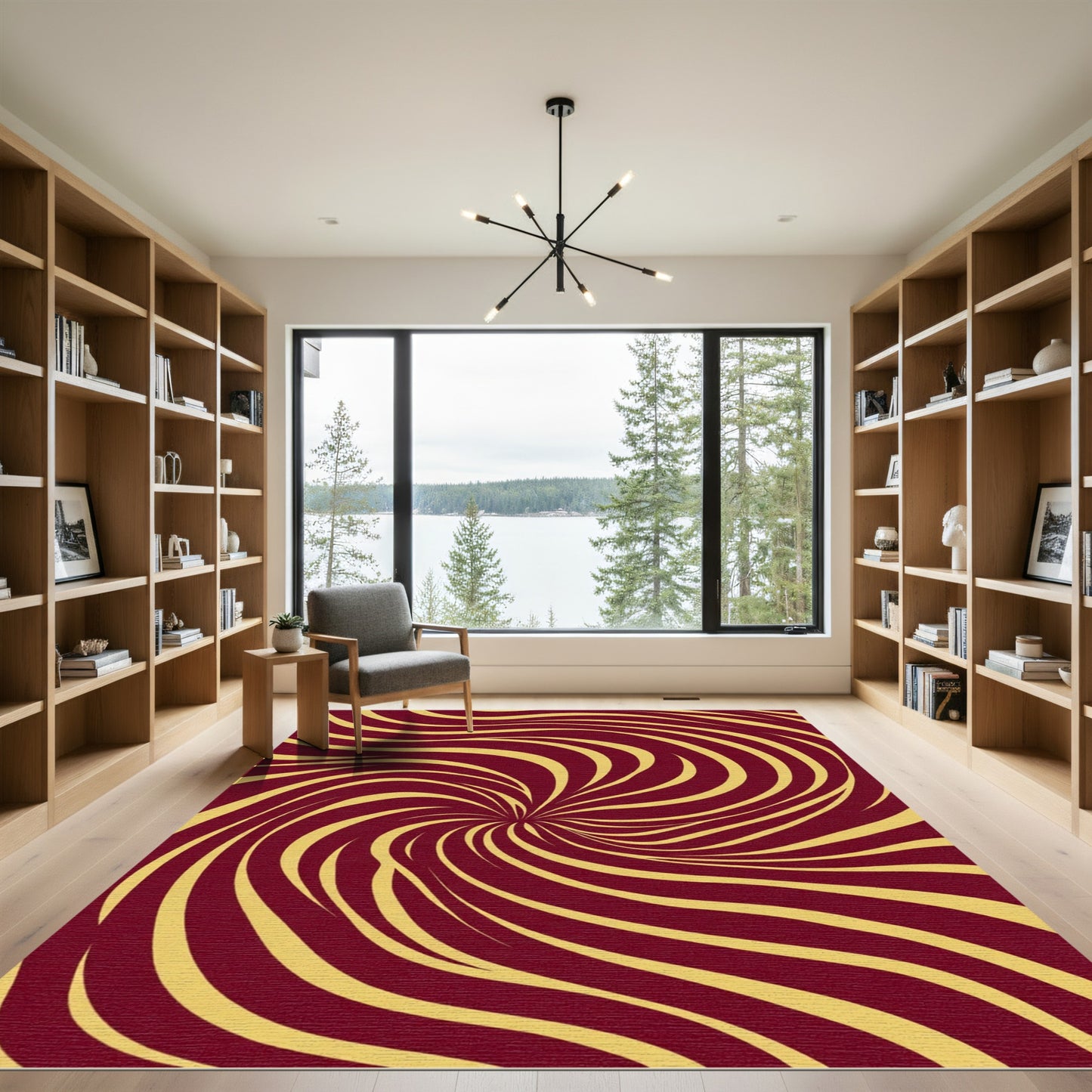 Crimson Gold Swirling Vortex Rug