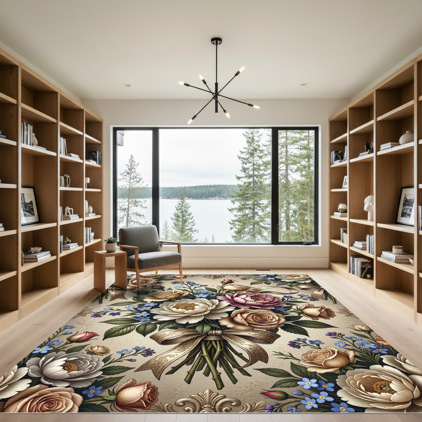 Cream Rose and Blue Forget-Me-Not Bouquet Rug