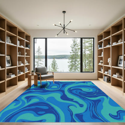 Deep Blue Teal Swirl Abstract Rug