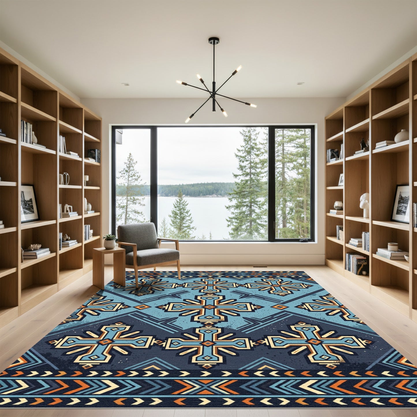Azure Blue Geometric Cross Medallion Rug