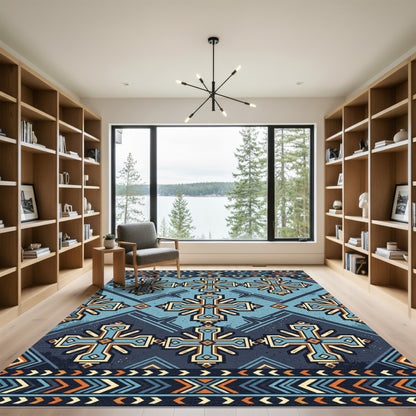 Azure Blue Geometric Cross Medallion Rug