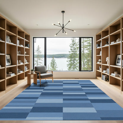 Vibrant Blue Geometric Stripe Composition Rug
