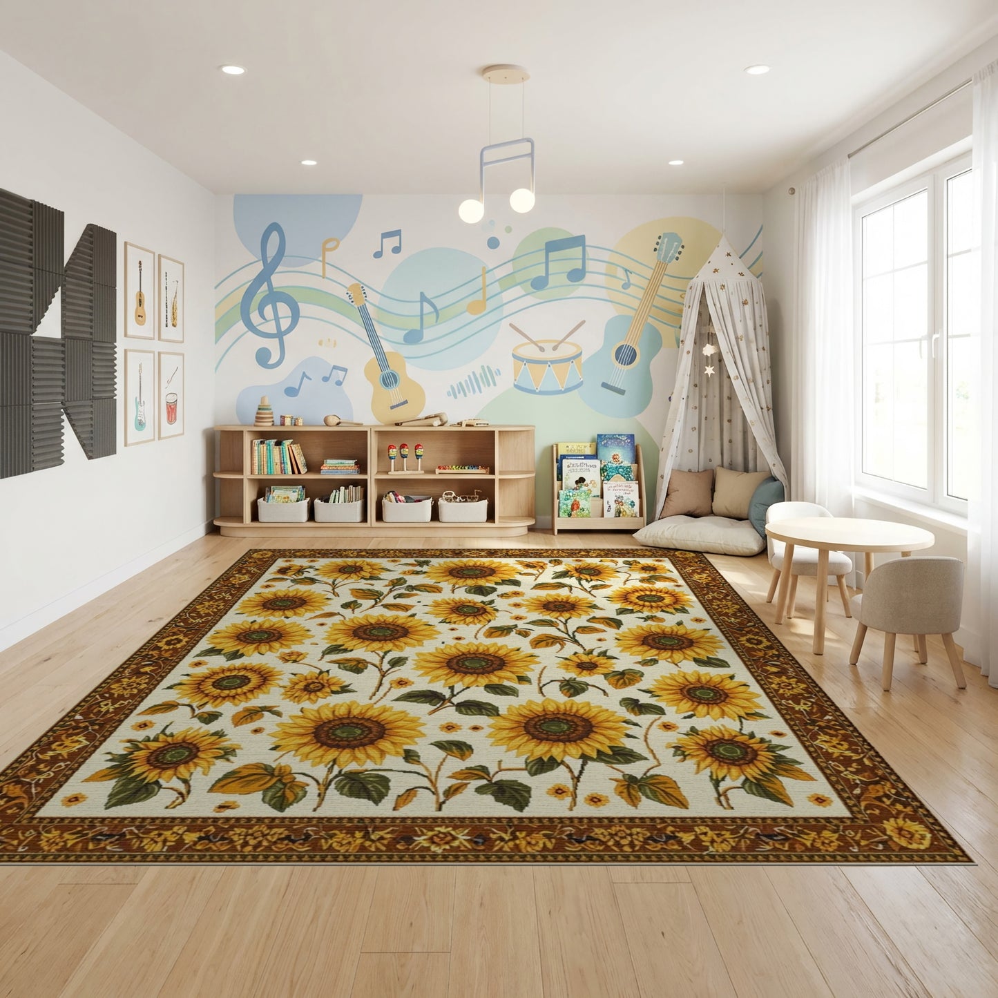 Cream Sunflower Leaves Golden Border Rug