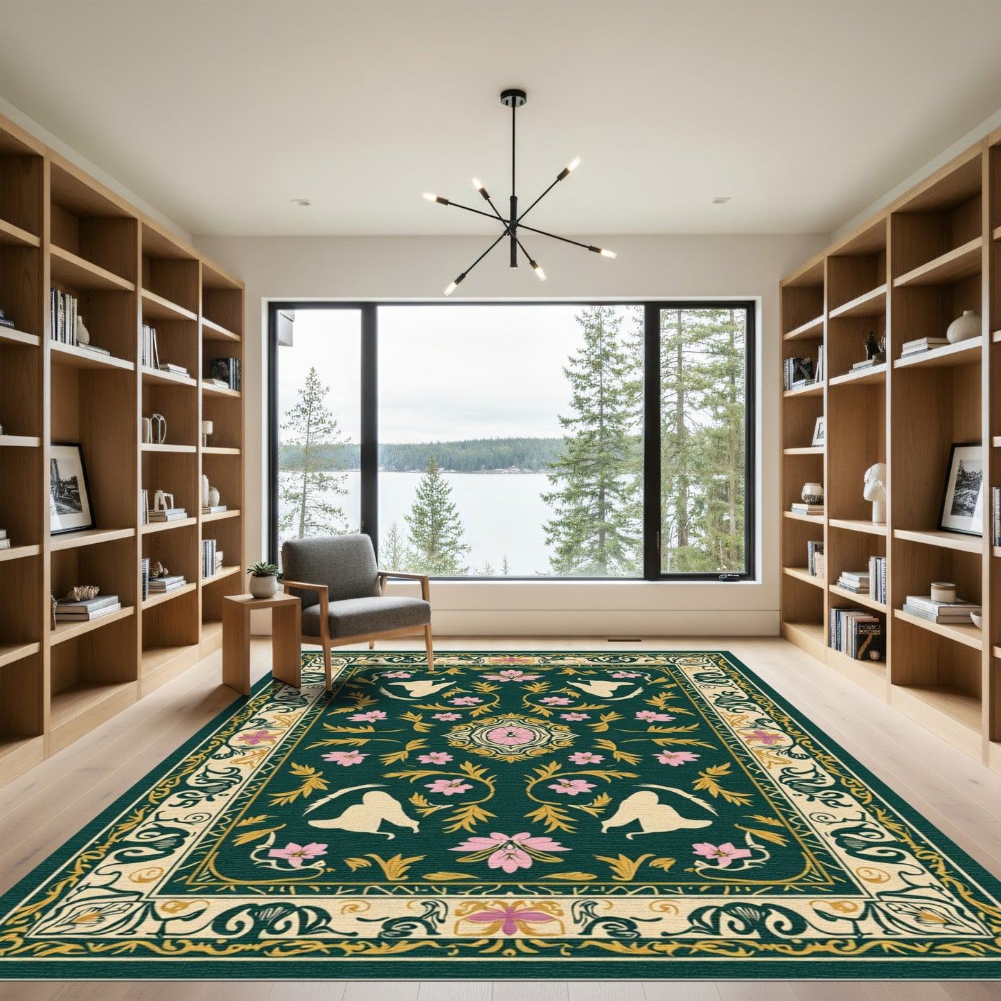 Emerald Green Floral Swan Medallion Rug