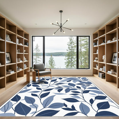 Deep Blue Leafy Branch Art Rug