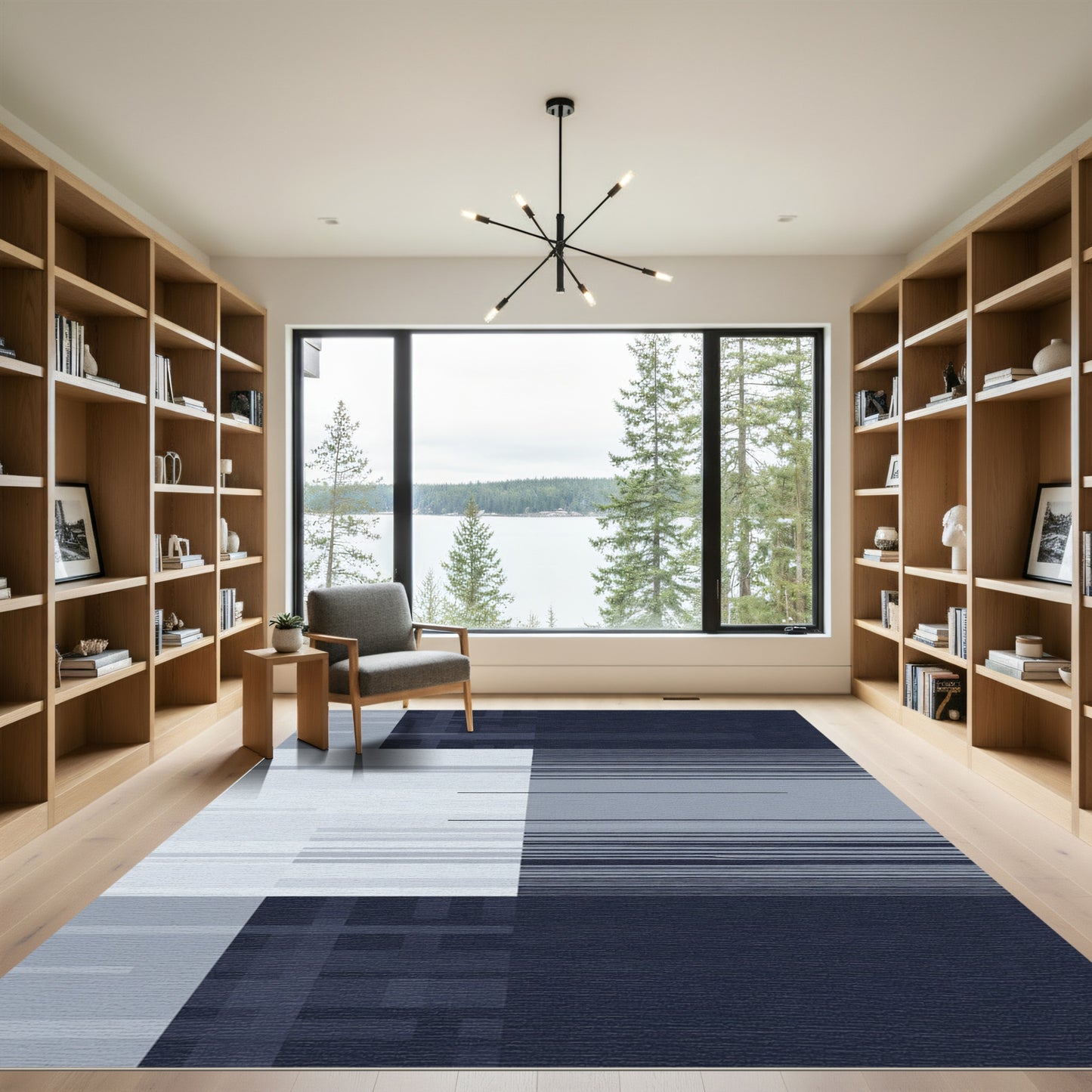 Cool Blue Geometric Grid Stripes Rug