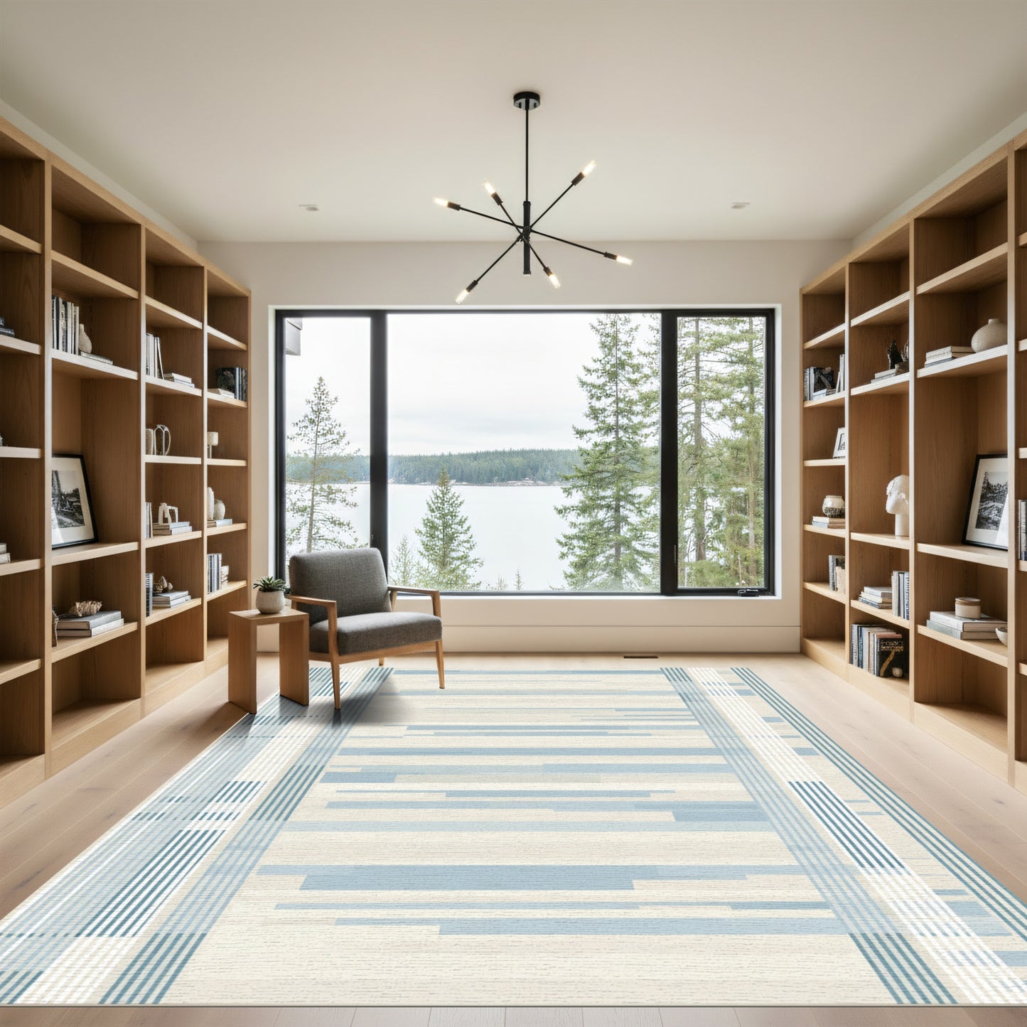Soft Blue Horizontal Stripe Border Rug