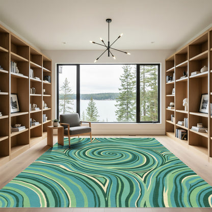Teal Green Swirl Abstract Waves Rug