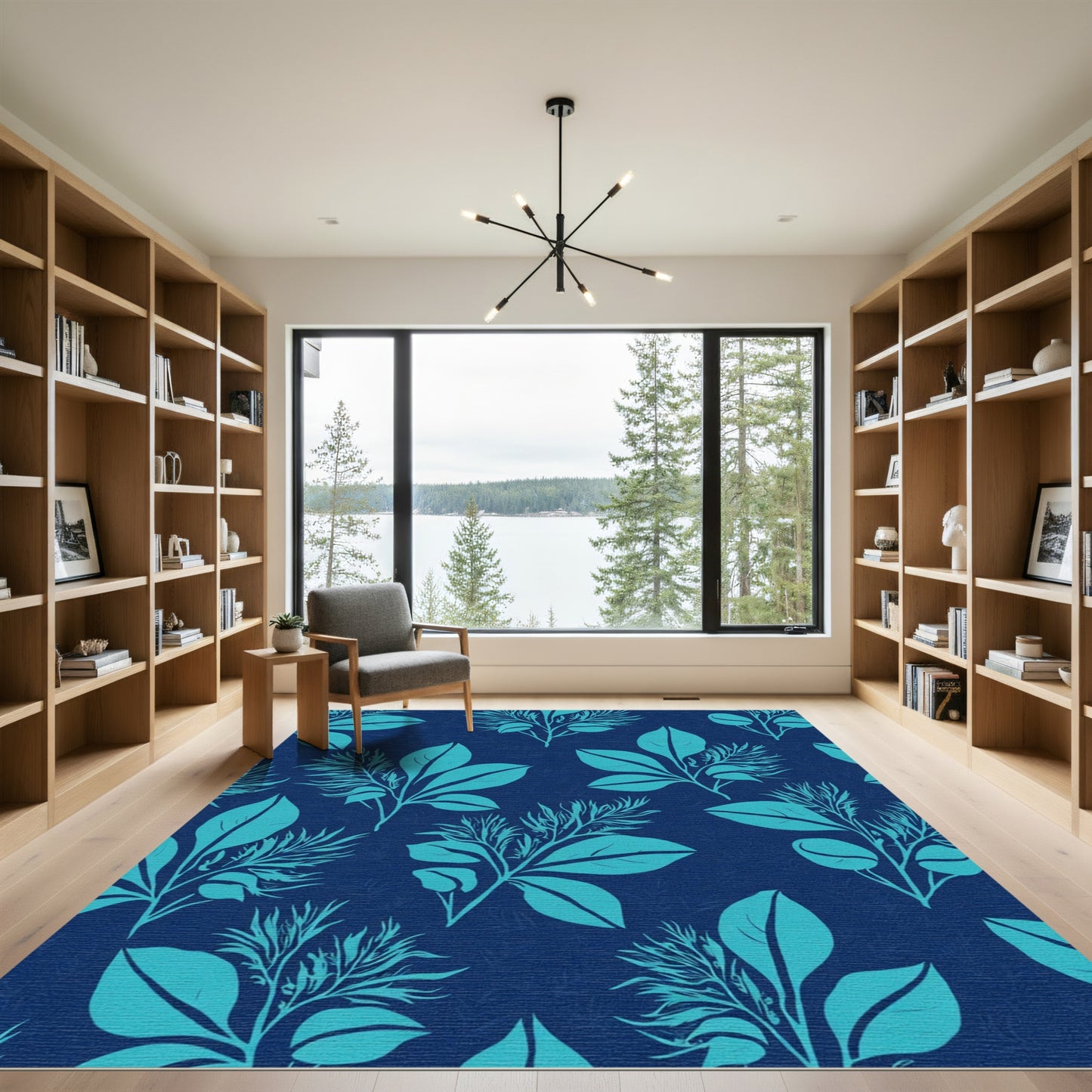 Teal Leafy Branches on Navy Background Rug