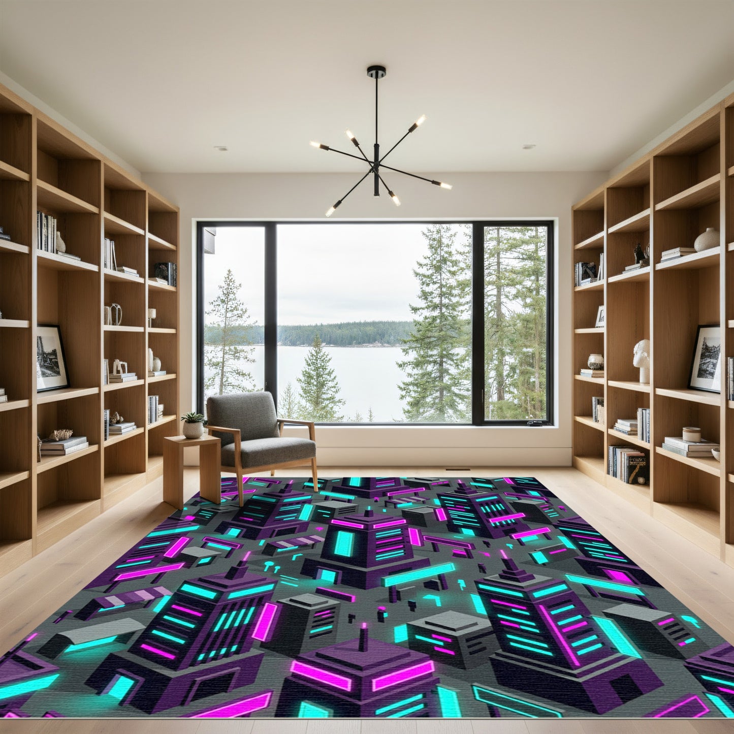 Cyberpunk Neon Isometric Skyscraper Cityscape Rug