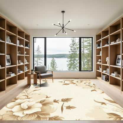 Cream Sepia Floral Swirl Artwork Rug
