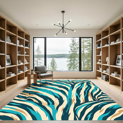 Abstract Teal Cream Zebra Stripes Rug