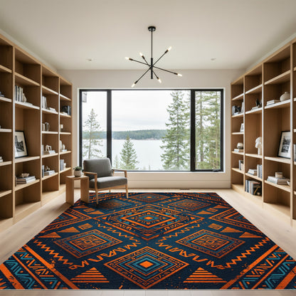 Vibrant Orange Blue Geometric Tribal Diamond Rug