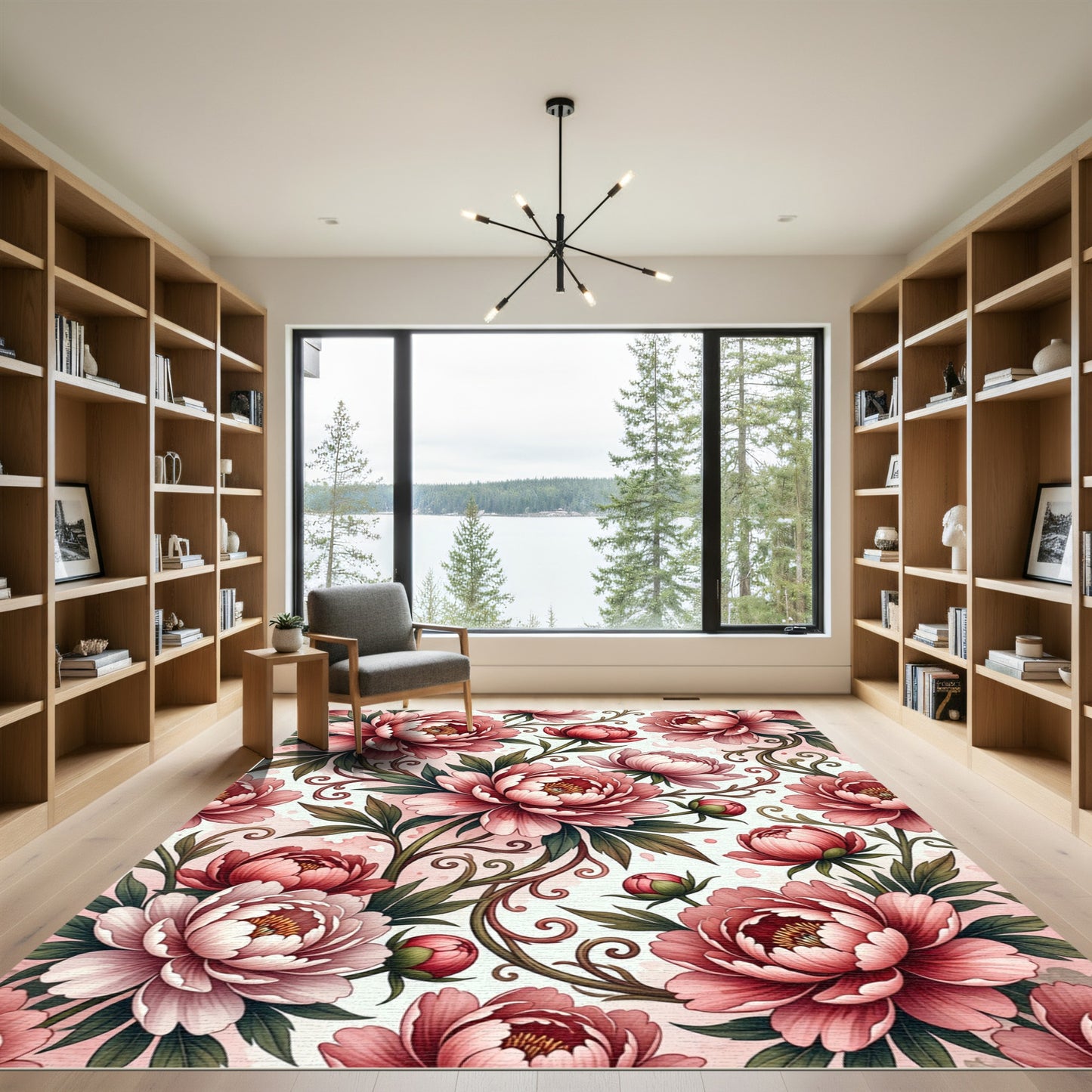 Romantic Pink Peony Floral Scroll Rug