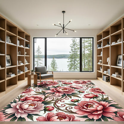 Romantic Pink Peony Floral Scroll Rug