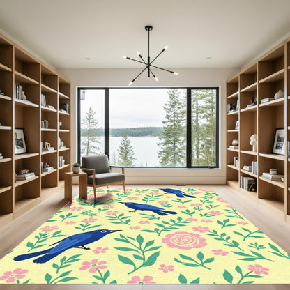 Blue Birds Pink Flowers Yellow Garden Rug