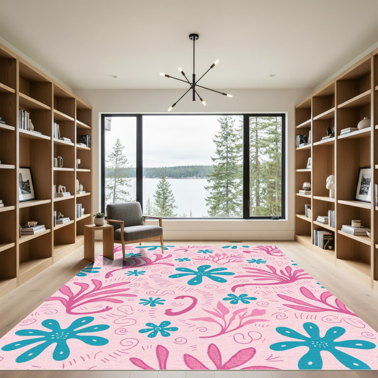 Pink Cyan Whimsical Floral Swirl Rug