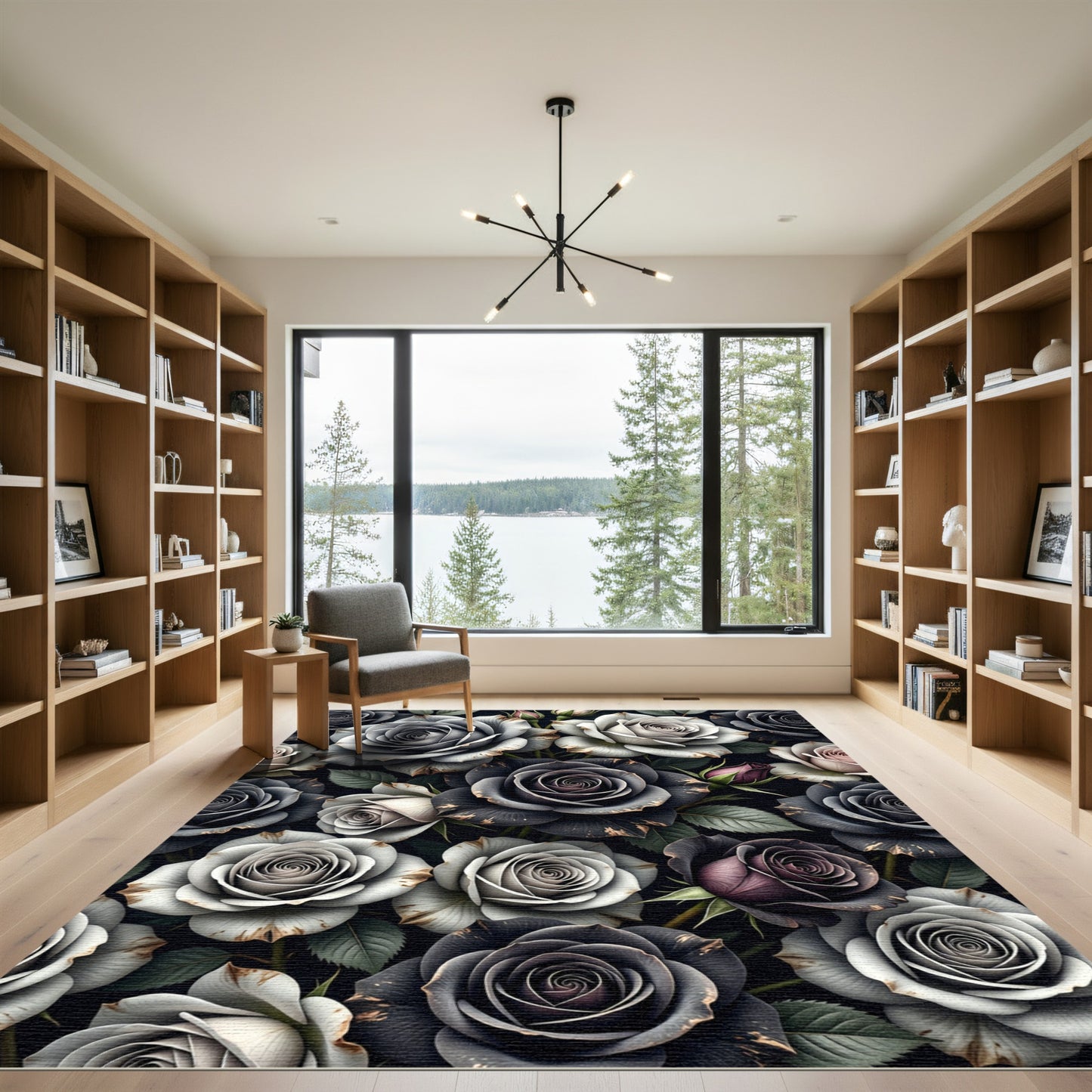 Smoky Gray Floral Rose Arrangement Rug