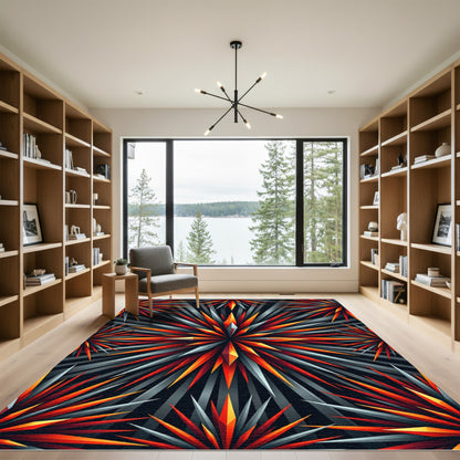 Fiery Starburst Symmetry Scarlet Rug