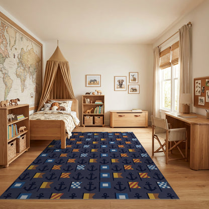 Navy Nautical Anchors Flags Rug