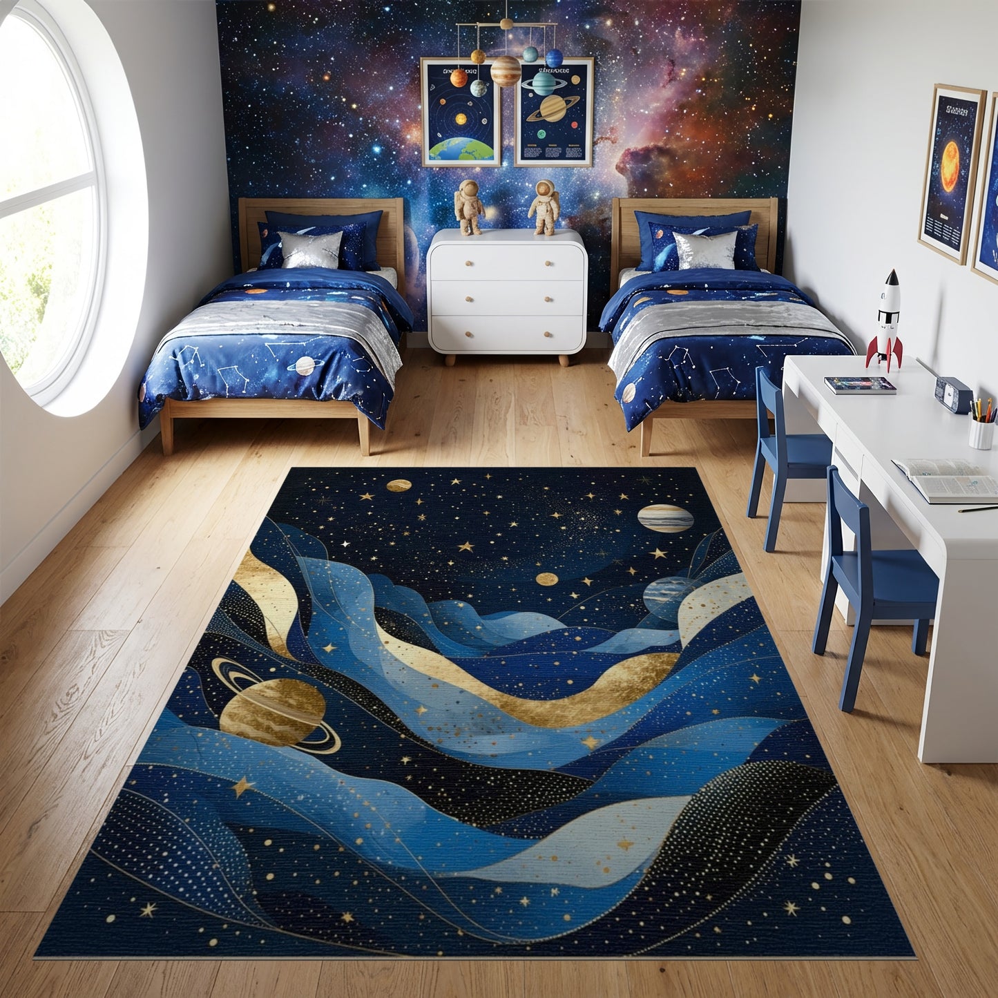 Starry Navy Waves Gold Planets Rug
