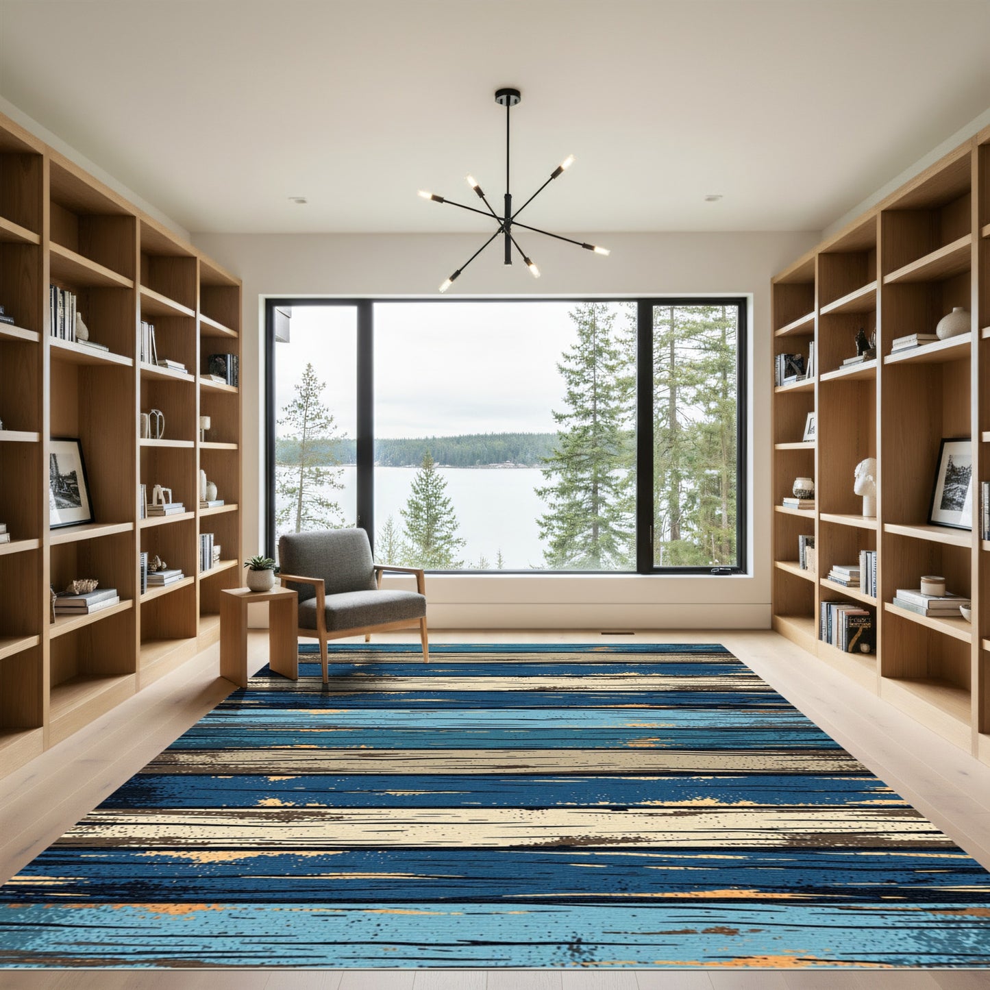 Rustic Navy and Beige Distressed Planks Rug