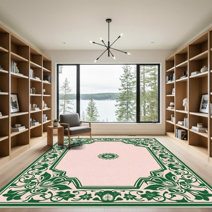 Green Floral Border With Center Medallion Rug