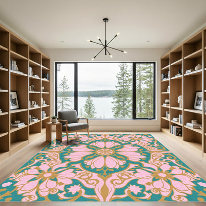 Pink Teal Gold Floral Damask Rug