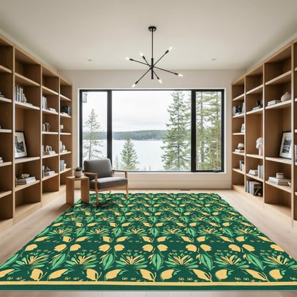 Emerald Green Yellow Leaf Medallion Rug
