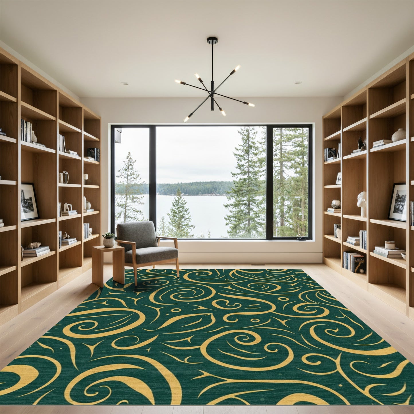 Emerald Swirl Golden Flourish Abstract Rug